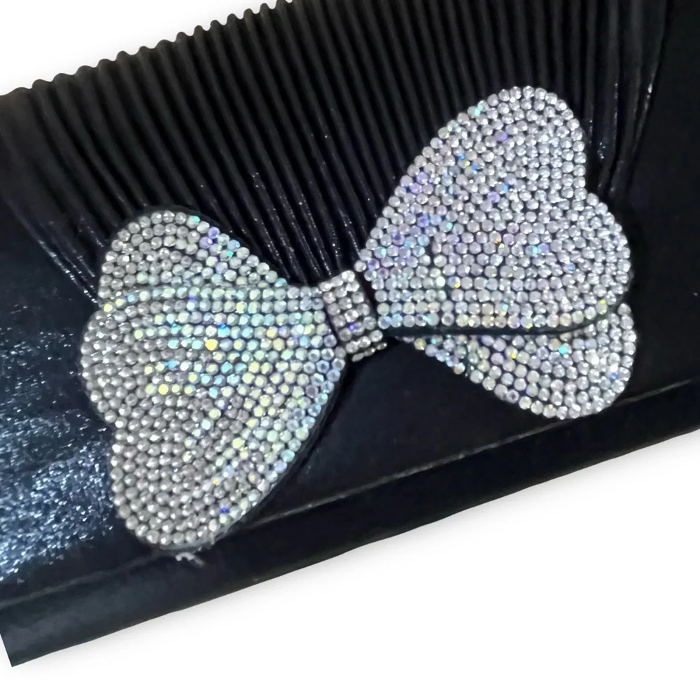Black Rhinestone Bow Evening Clutch with Chain Gold Chain Strap